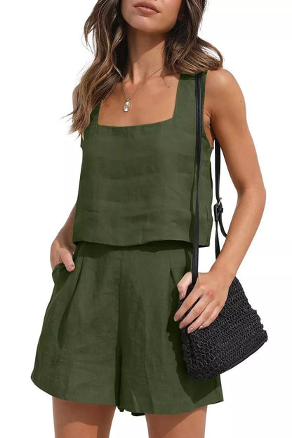 Women's 2-piece cotton linen square neck top and shorts set in various colors