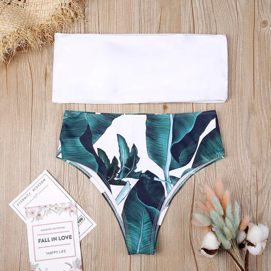 Strapless bikini set with high waist and vintage print, available in sizes S, M, L