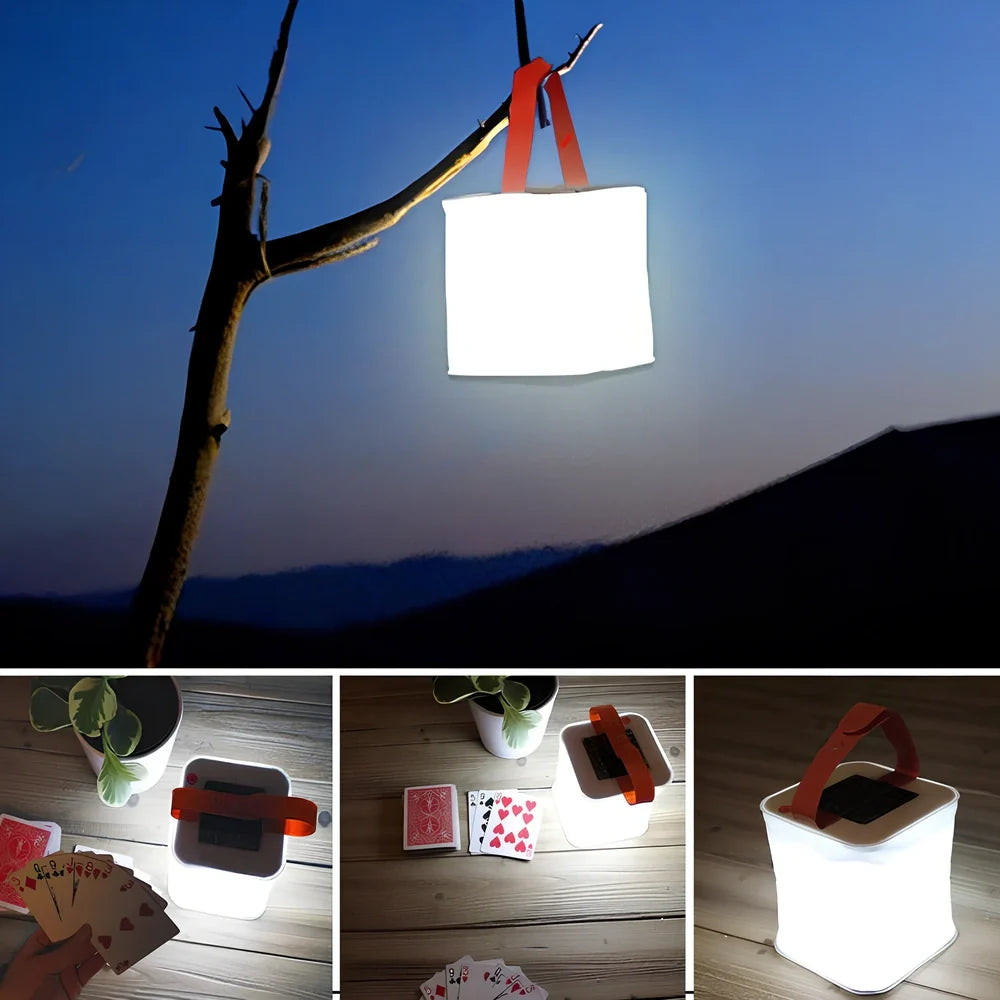 White inflatable solar LED lantern showing collapsed and inflated states with waterproof IP55 rating details