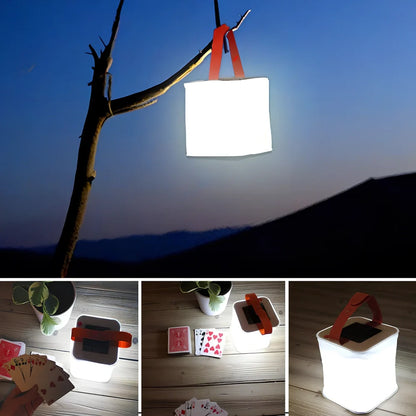 White inflatable solar LED lantern showing collapsed and inflated states with waterproof IP55 rating details