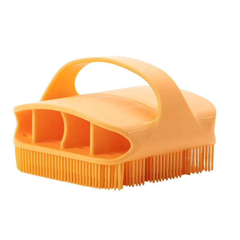 Silicone scalp massager brush with extra-long bristles and ergonomic handle in multiple colours
