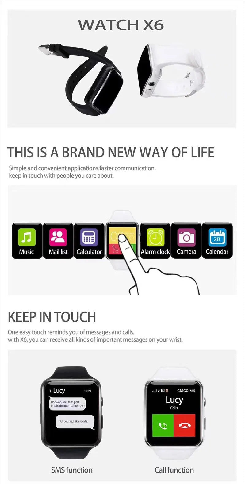 Smart watch with 1.54-inch touch screen display and silicone strap in black, gold, or white colours