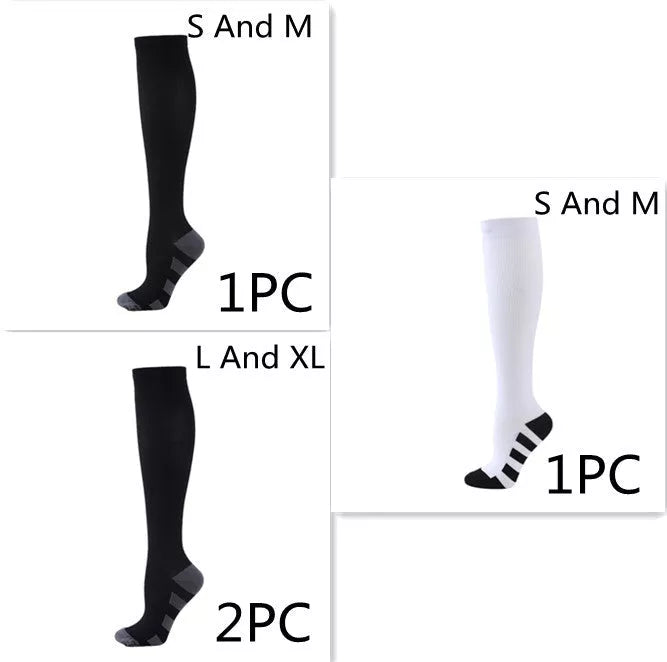 Athletic compression socks with three-bar design in black, pink, and white