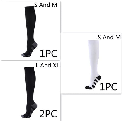 Athletic compression socks with three-bar design in black, pink, and white