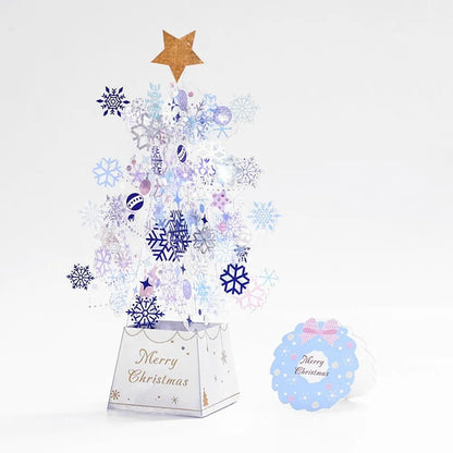 Christmas tree pop-up card in 3D with snowflake sequins and note card, 6x6x24cm paper card in Blue or Pink