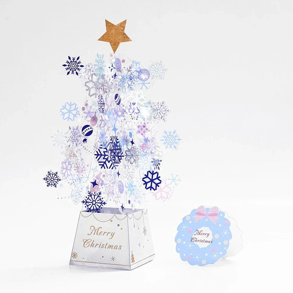 Festive 3D Christmas tree pop-up greeting card with sparkling snowflake sequins and a hidden message compartment