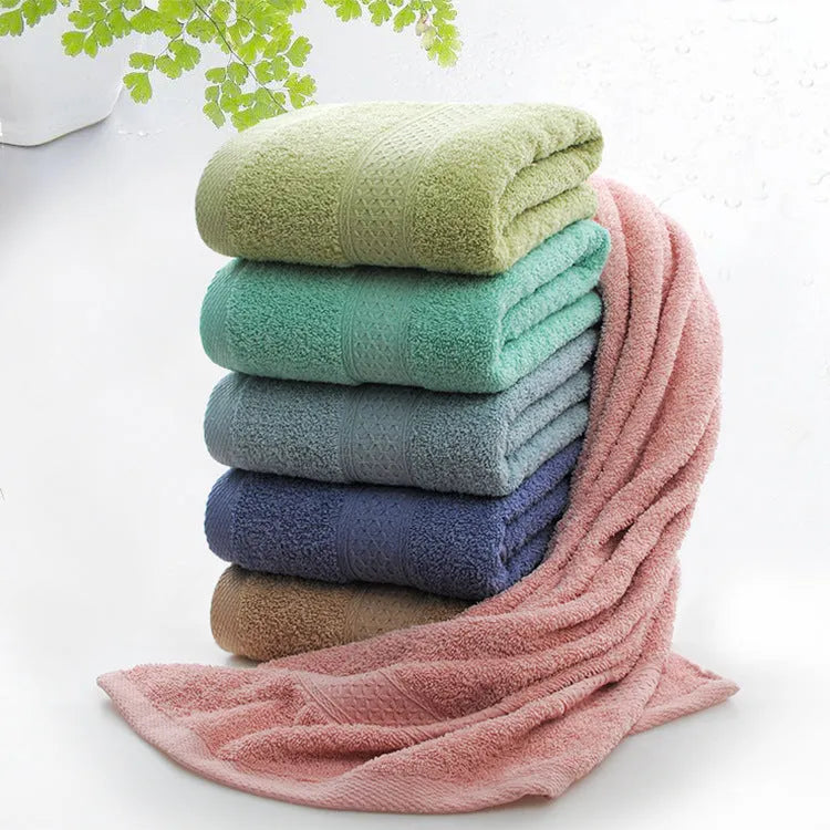 Thickened bath towel beach towel set in cotton with 80% main cotton content and 20% secondary cotton, available in seven colours including apple green, dark blue, dark green, emerald green, light brown, and light pink for bathroom, spa, or coastal use