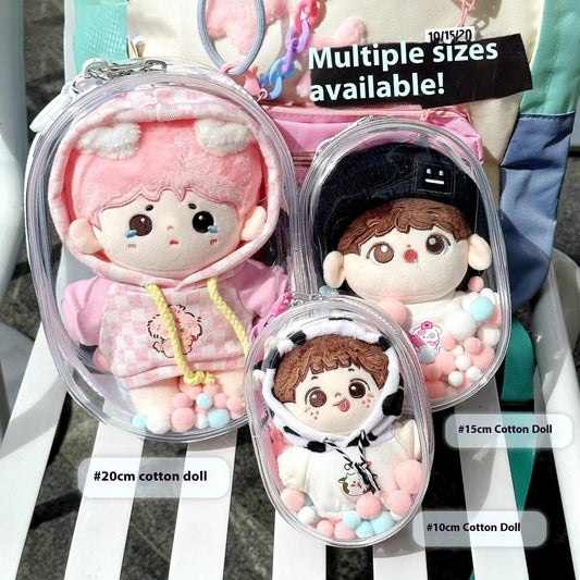 Transparent PVC cube storage bag in 17cm size with avocado green colourful ball keychain attachment