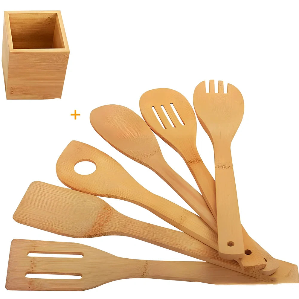 Bamboo spatula set with square bamboo holder containing various cooking utensils with ergonomic handles