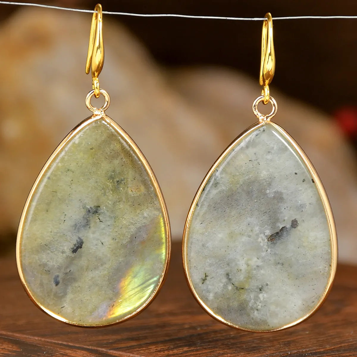 Women's retro natural stone drop earrings showing amethyst and green aventurine colour options on electroplated settings.