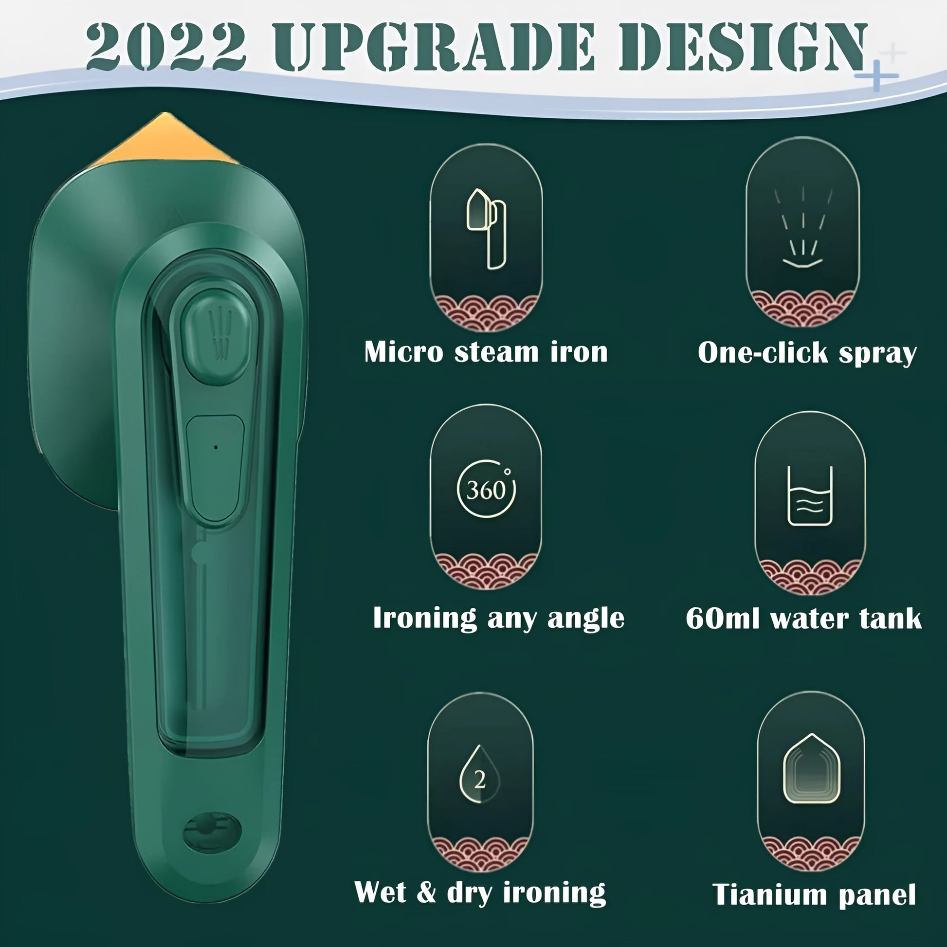 Dark green handheld portable garment ironing machine with titanium panel and steam function