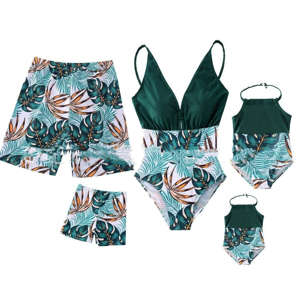 Parent and child matching quick-dry swim sets in green, pink, red colours with swimsuits and trunks