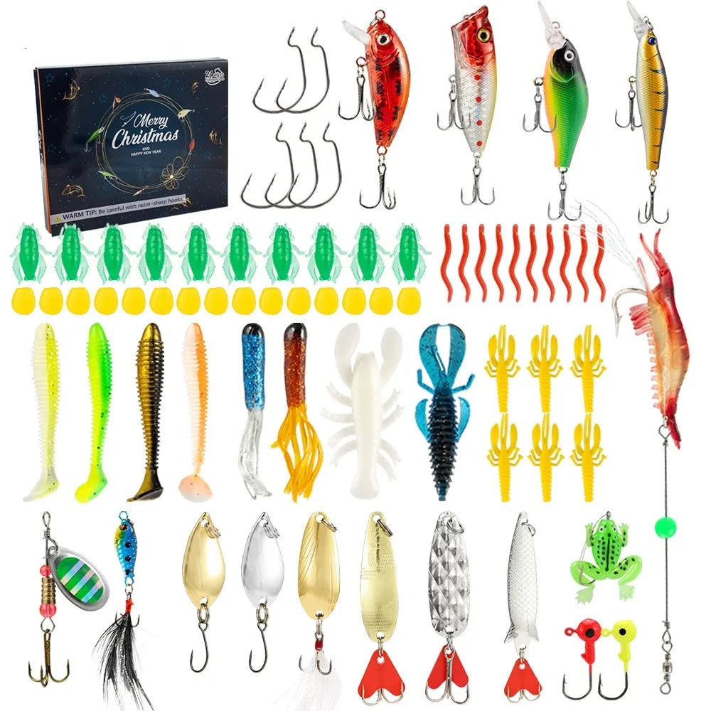 24-piece metal fishing set with various components arranged in a compact package