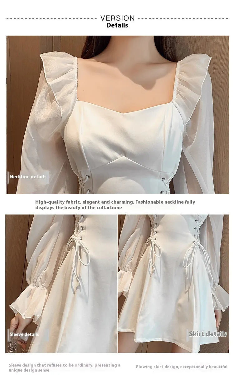 White chiffon patchwork dress with long sleeves and a waist-slimming design on a mannequin.