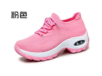 Women's flying weave running shoes with waterproof platform, round toe and 3-5cm mid heel in grey