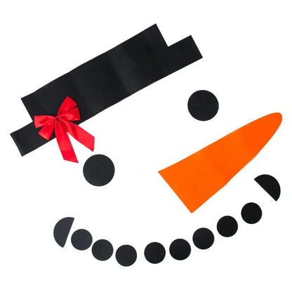DIY snowman decoration kit with 16 components including hat, bow, and foam shapes on non-woven fabric