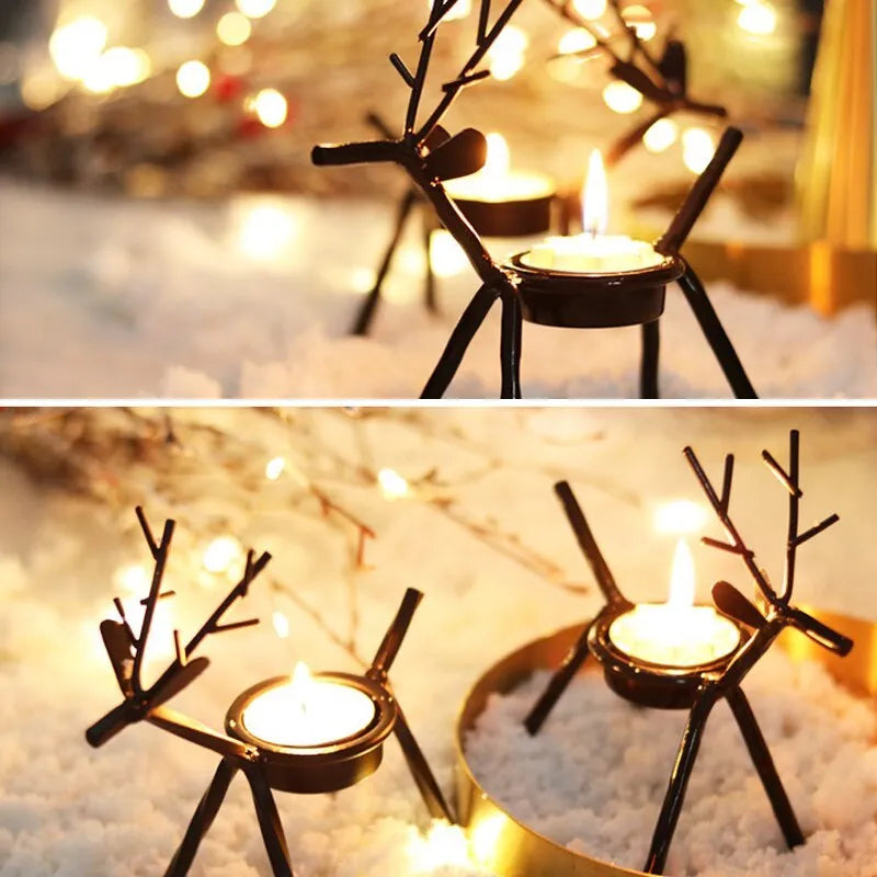 Black iron Christmas candlestick holder with elk bracket design and Santa Claus motifs