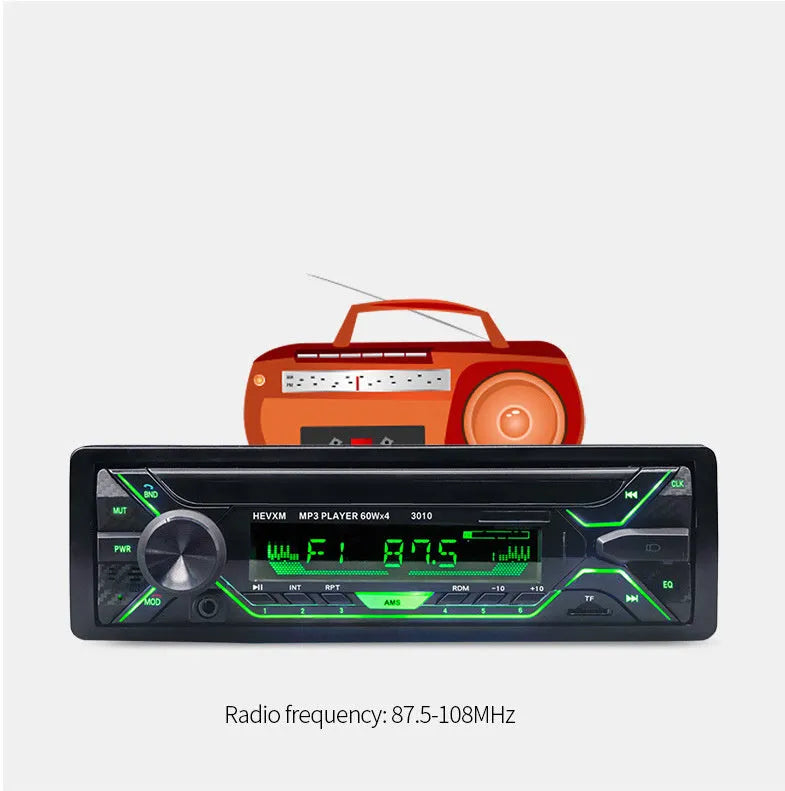 Car stereo with Bluetooth MP3 player and digital FM radio featuring hands-free calling, USB/TF card playback, auxiliary input, remote control, and 4-channel high-power output for vehicle audio system upgrade