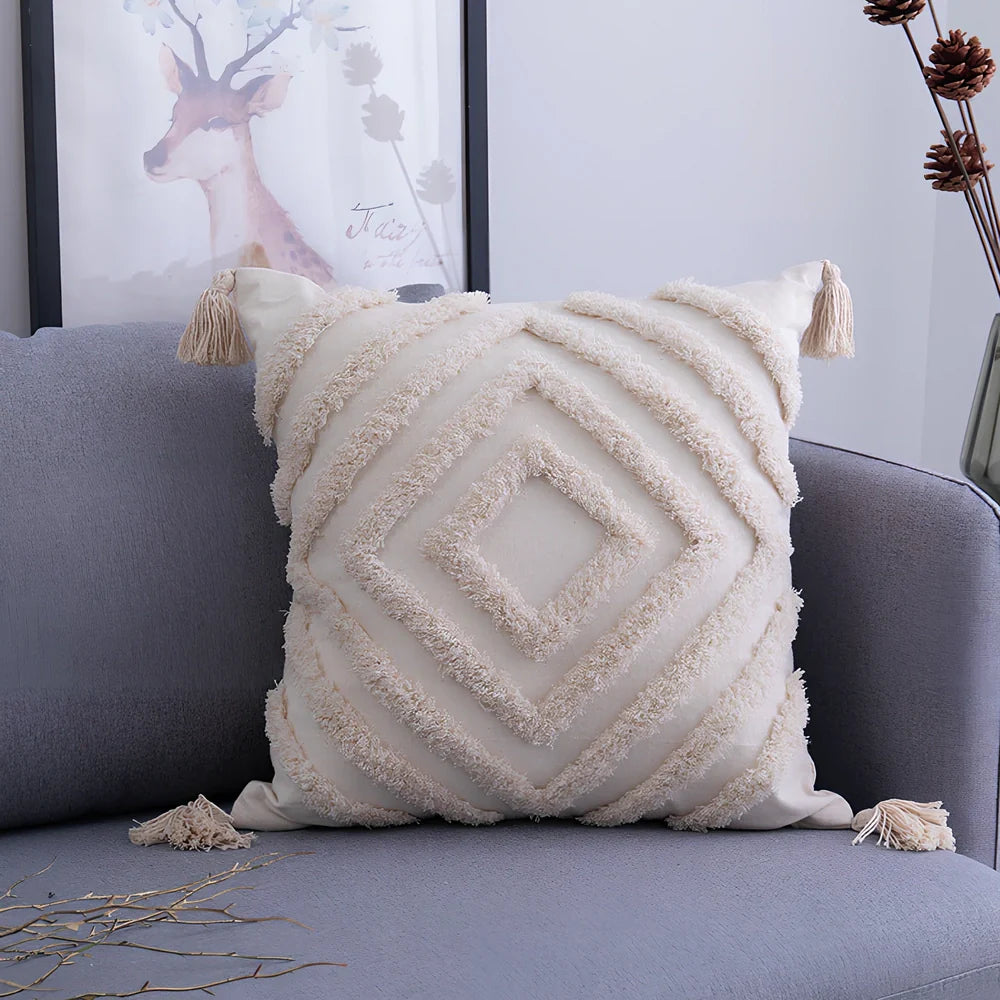 Moroccan geometric pattern cotton cushion cover showing envelope closure and 45x45cm dimensions