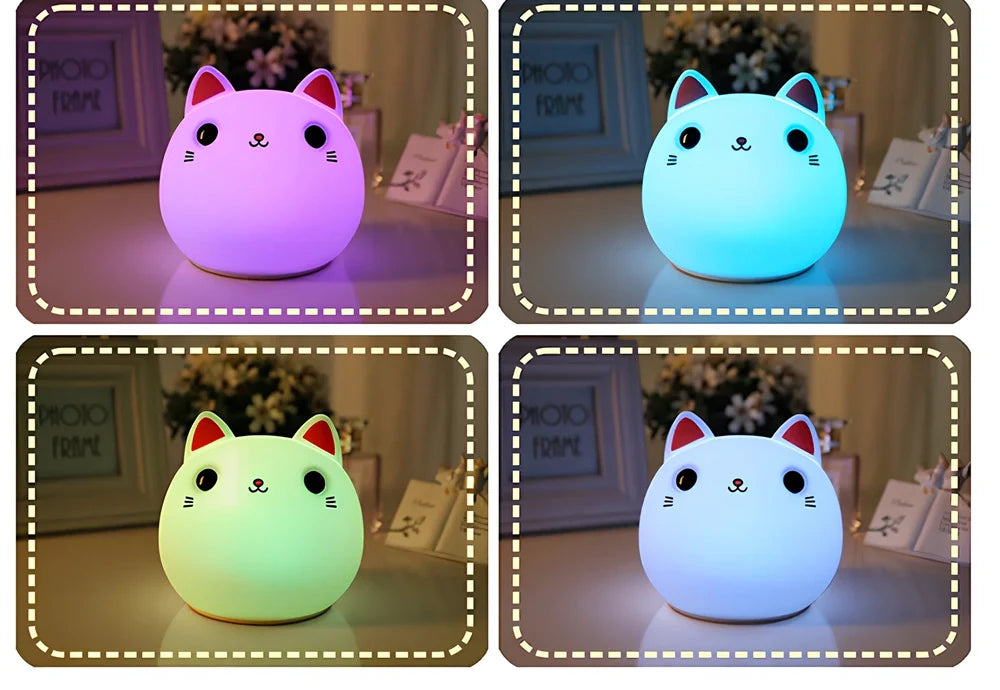 Cute cat-shaped silicone LED lamp with warm white and colourful lighting, measuring 12.5cm