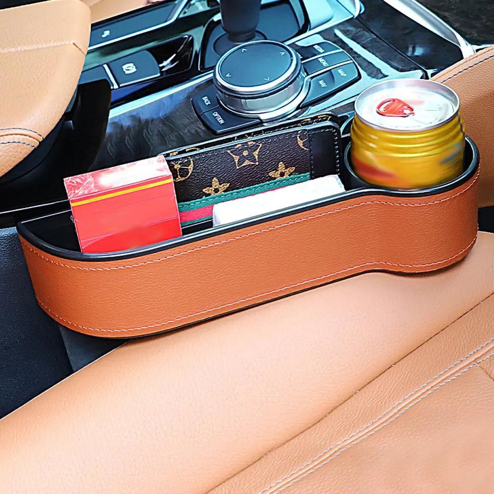 Leather and ABS car storage box, 27cm by 14.5cm by 6cm, for front left or right fit in black, beige, or brown.