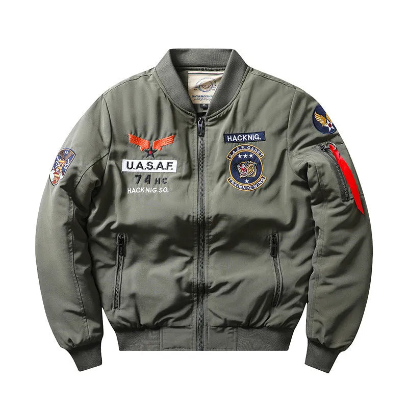 Men's retro embroidery cotton-padded coat with stand collar and patch pockets in blue colour