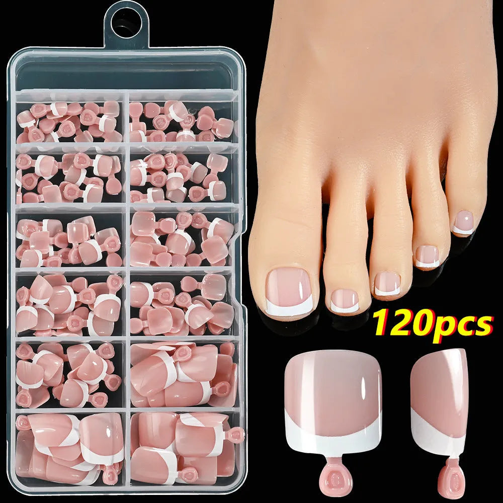Box of 120 full square short artificial nail tips with French white edges in multiple nude shades.