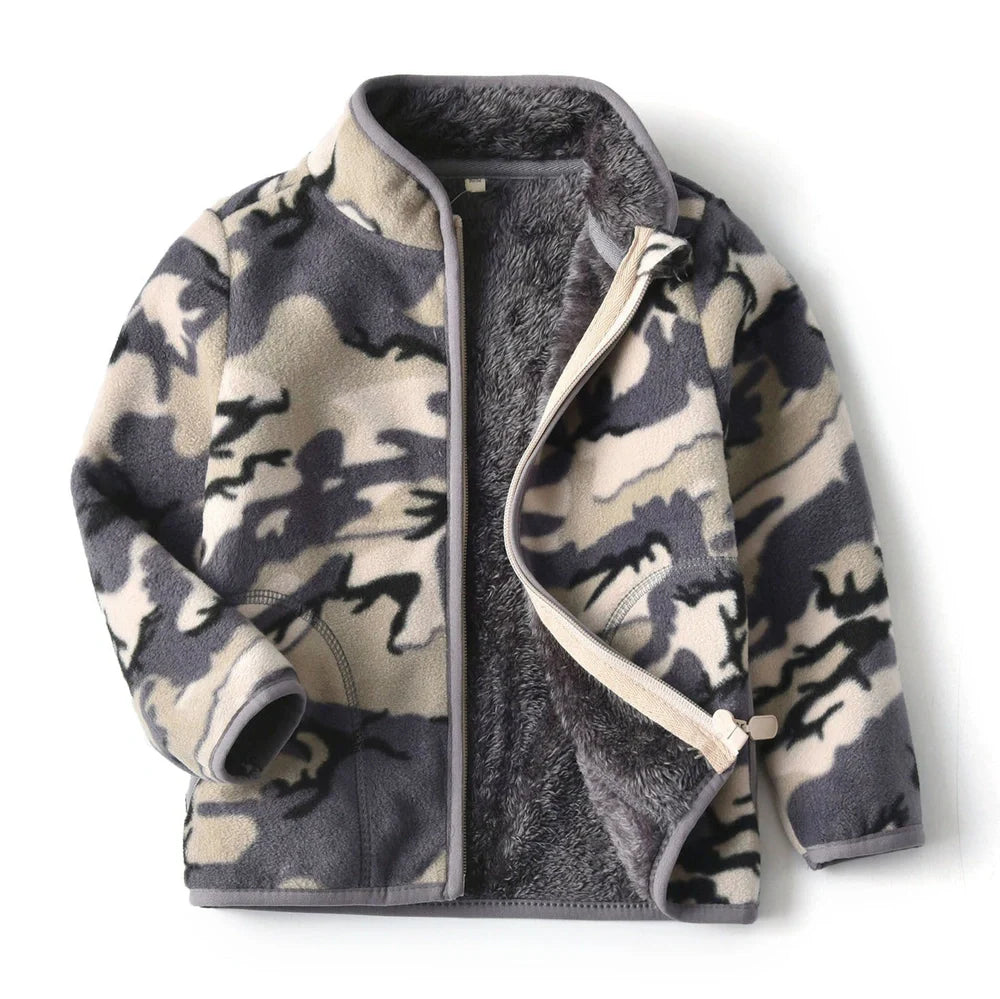 Children's thick fur printed coat with front zipper in blue colour, suitable for ages 3-8 years