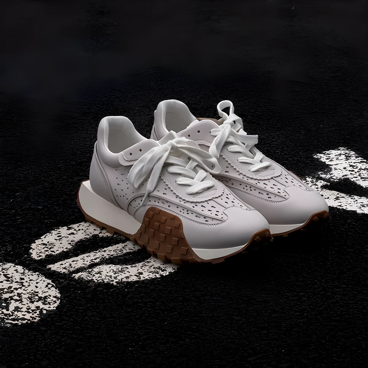 Grey retro thick-soled sneakers with non-slip rubber sole and breathable cloth microfiber leather upper