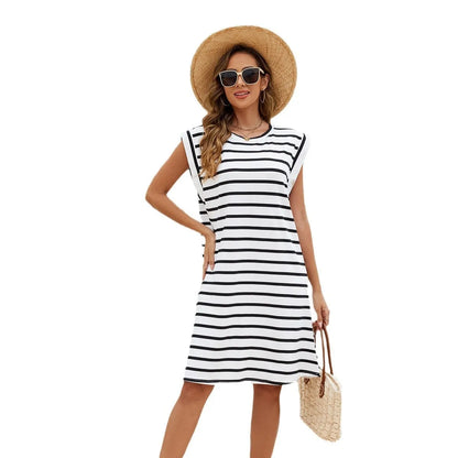 Black and white striped polyester beach bikini cover-up blouse for women.
