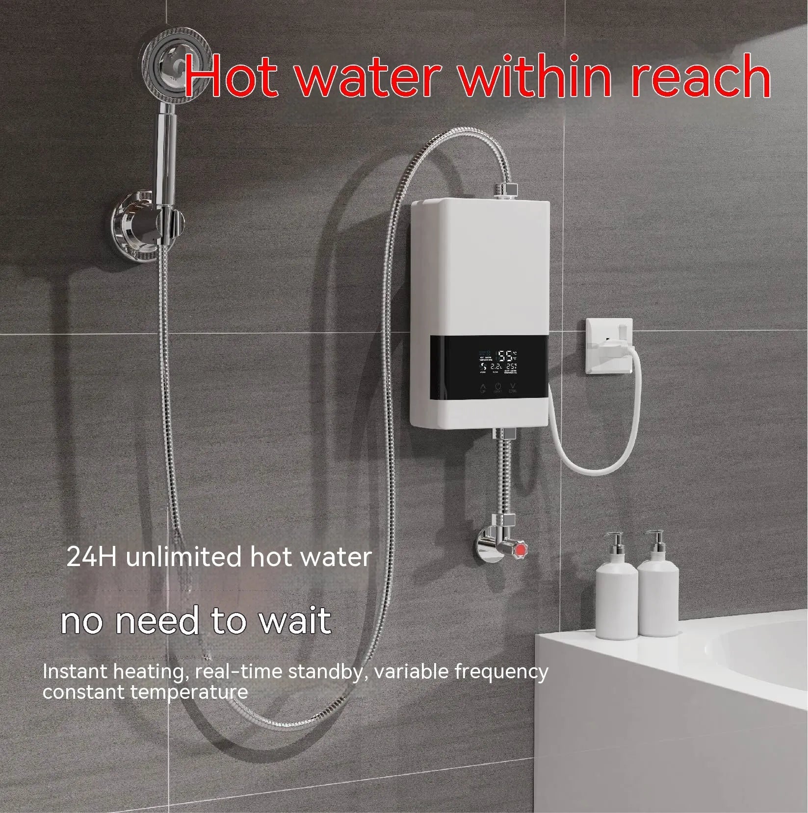 Household quick-heating water heater with LED touch screen and adjustable temperature settings