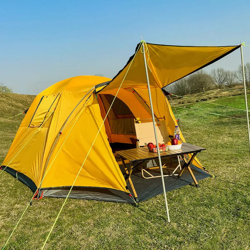 Four-person outdoor camping tent with rain and sun protection, double-decker design