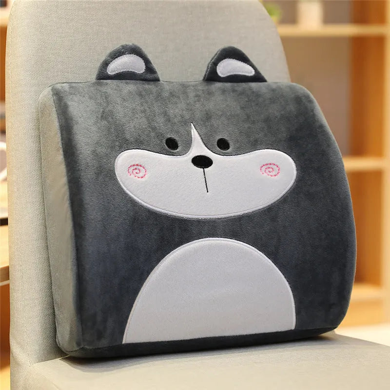 Car seat back cushion with memory foam core and embroidered cartoon design on grey fabric