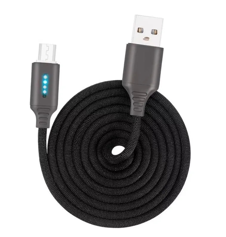 Black woven fabric braided USB fast charging cable with Type-C connector, 1 metre long.