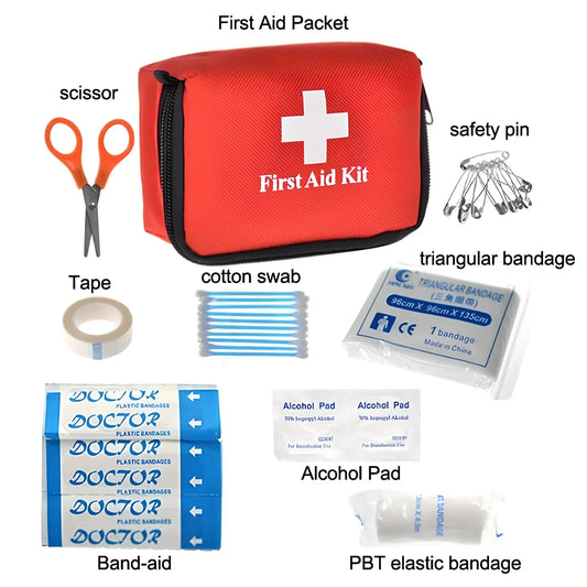 Red mini first aid kit showing 96cm triangular sling, 5cm elastic bandage, and 7.2cm trauma bandages