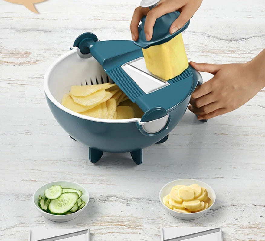 Versatile vegetable preparation station with interchangeable blades and built-in drainage basket for efficient meal prep