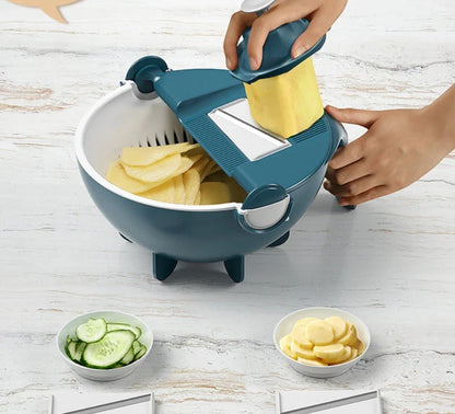 Versatile vegetable preparation station with interchangeable blades and built-in drainage basket for efficient meal prep