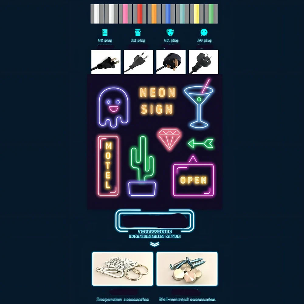 Custom neon letter sign with Alec shell material in 50cm to 90cm sizes showing 12V power system