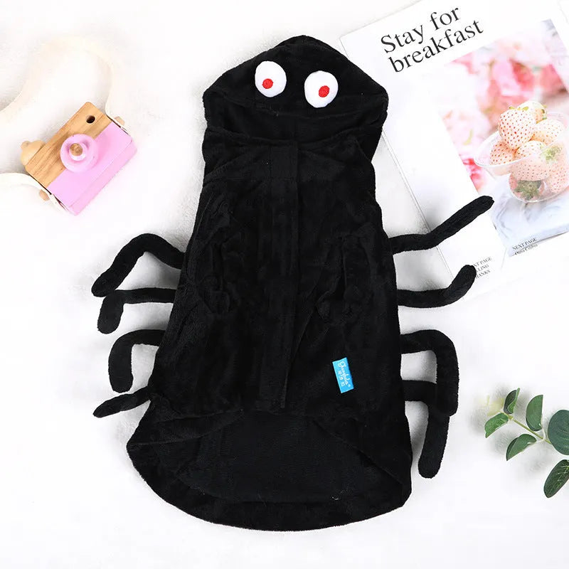 Dog wearing a black spider pattern Halloween costume made from polyester fabric