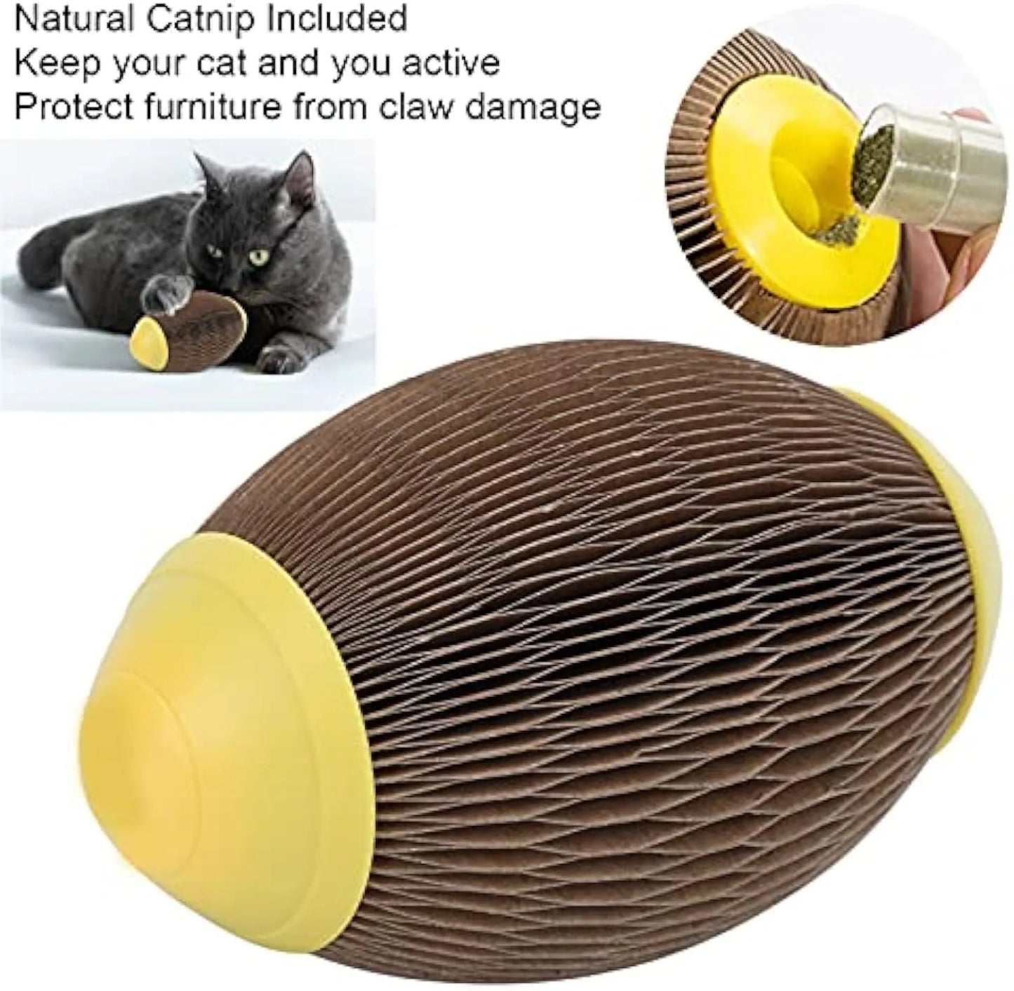 Ellipse-shaped corrugated paper cat football toy with scratch surface and catnip compartment.