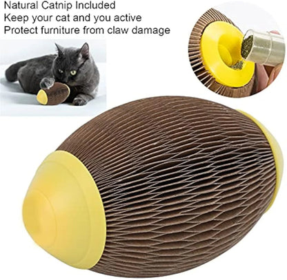 Ellipse-shaped corrugated paper cat football toy with scratch surface and catnip compartment.