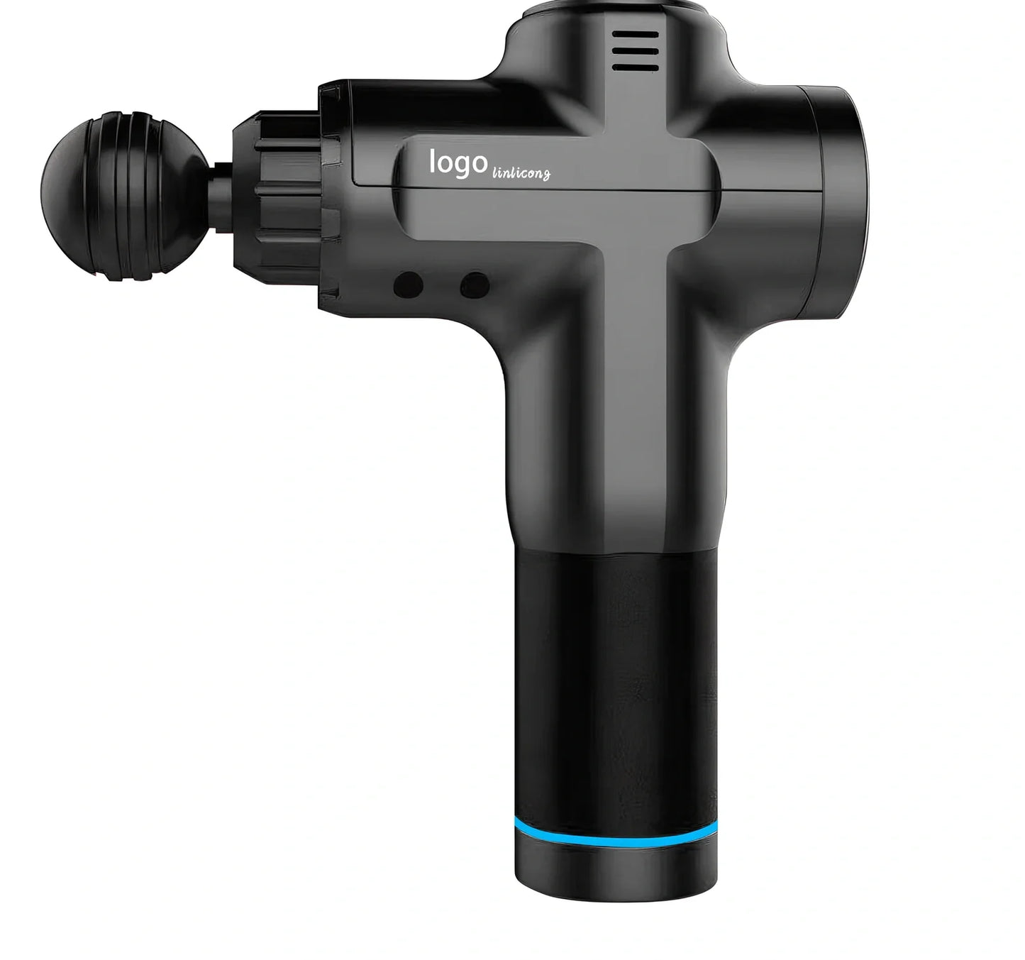 FL-8703 black massage gun with silicone head, 28cm length, showing speed control buttons and charging port