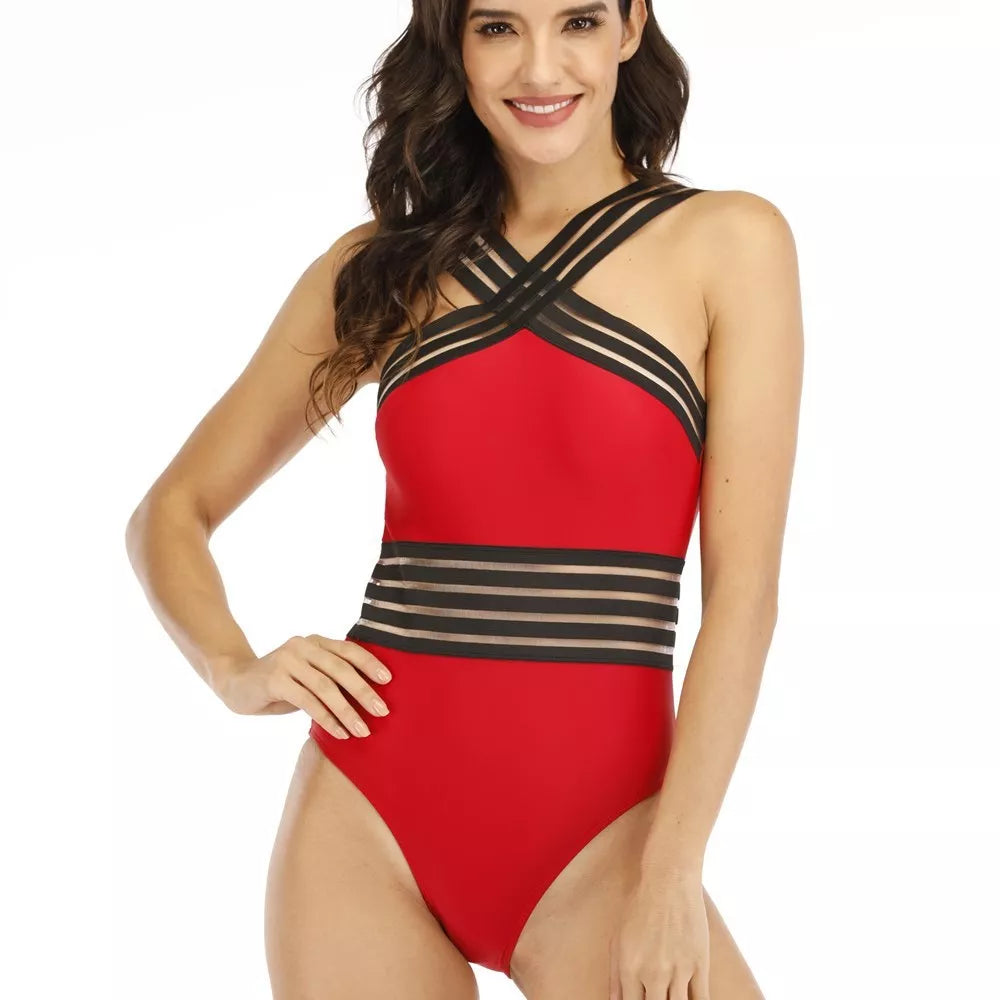 Elegant lace swimsuit bikini in black and red with polyester-spandex blend