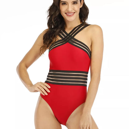 Elegant lace swimsuit bikini in black and red with polyester-spandex blend