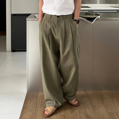 Army Green men's linen-style leisure trousers with a drawstring waist, laid flat.