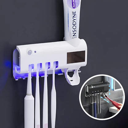 Intelligent UV toothbrush sterilizer and automatic toothpaste squeezer rack in white colour
