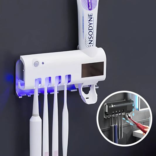Intelligent UV toothbrush sterilizer and automatic toothpaste squeezer rack in white colour