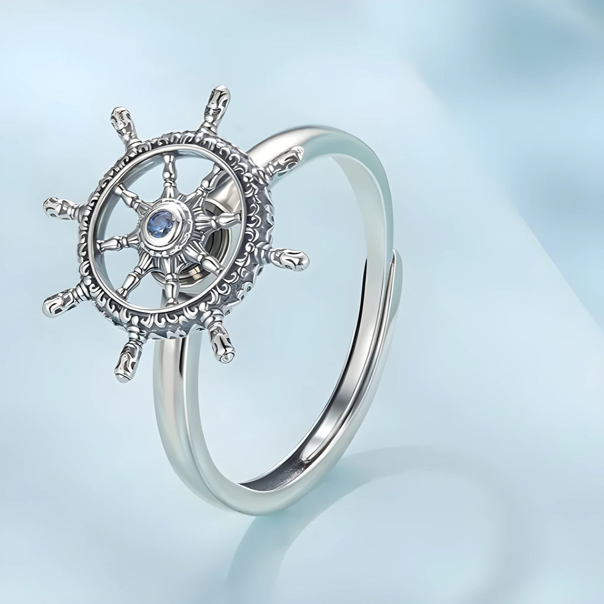 Silver rotatable rudder ring with inlaid zircon, open mouth size, colour SCR1141-E, women's retro style
