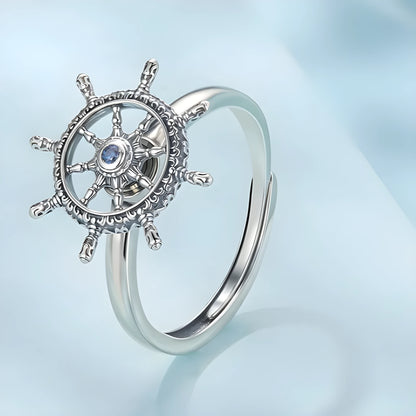 Silver rotatable rudder ring with inlaid zircon, open mouth size, colour SCR1141-E, women's retro style
