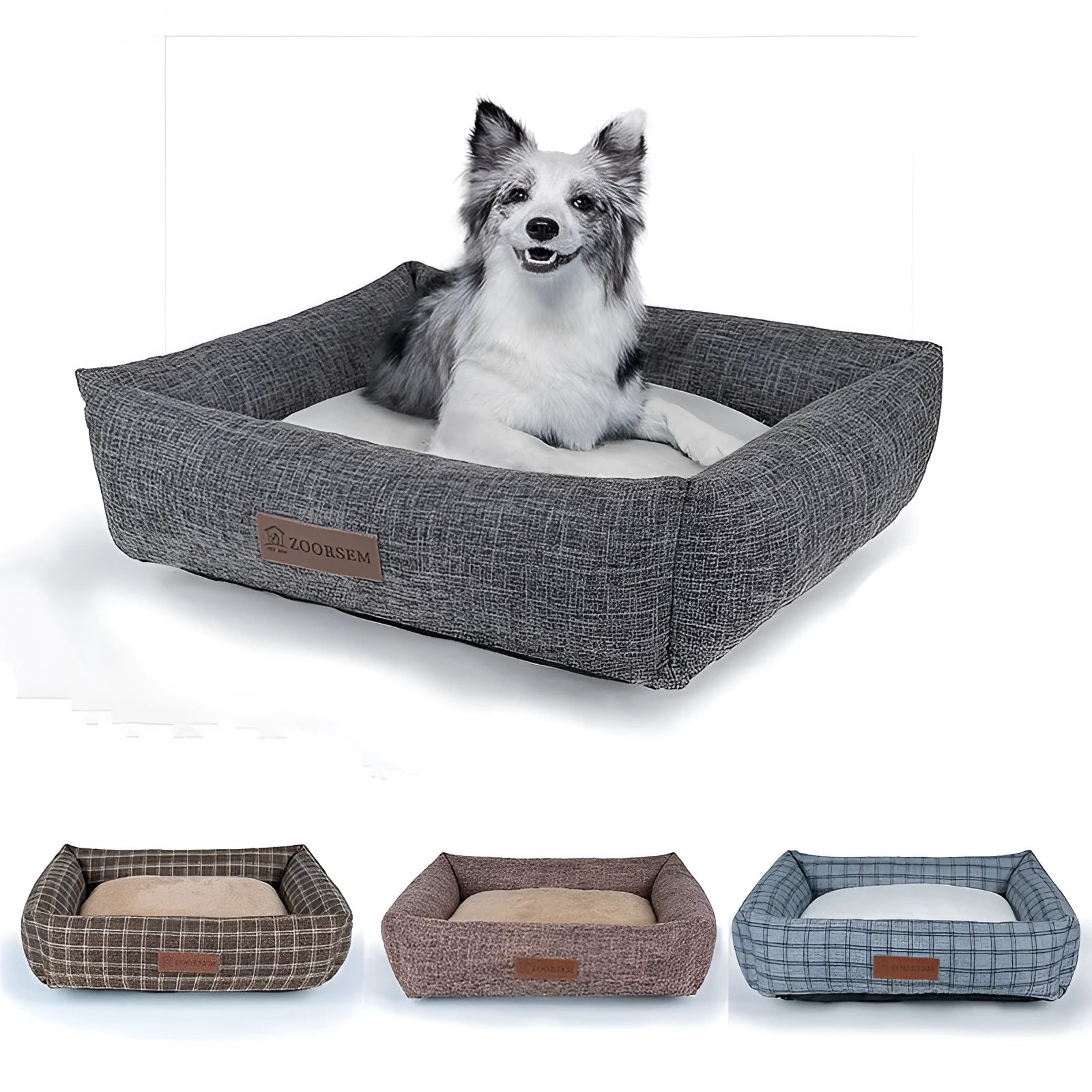 Grey linen fabric square dog bed measuring 60x50cm on a wooden floor